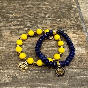 Rustic Cuff Yellow and Blue Beaded Bracelets with Gold Accents